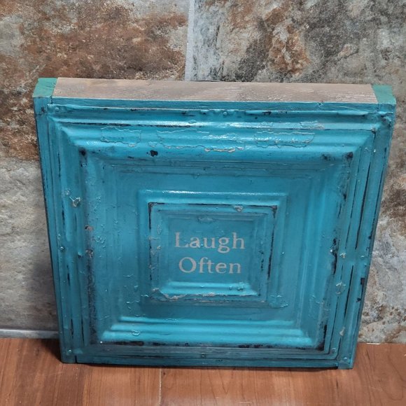 Turquoise Distressed Laugh Often Tin Metal on Wood Frame Hanging Wall Decor - Picture 3 of 11